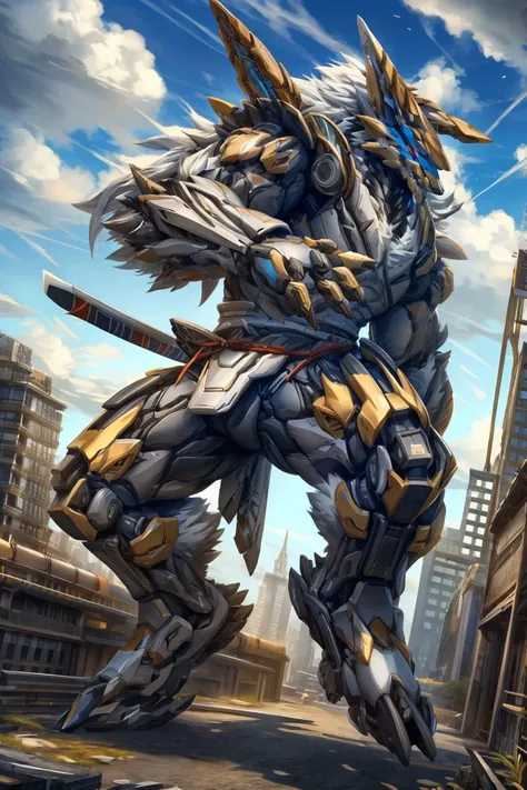 long shot, [zinogre|mecha], mecha,robot, no humans,warframe, samurai armor, samurai,holding katana,fighting pose,
<lora:zinogre_mix2:0.85>,<lora:[Mecha](mecha)Mecha:0.85>,detailed eyes, glowing red eyes,
detailed background, city, cloud sky, realistic, mas...