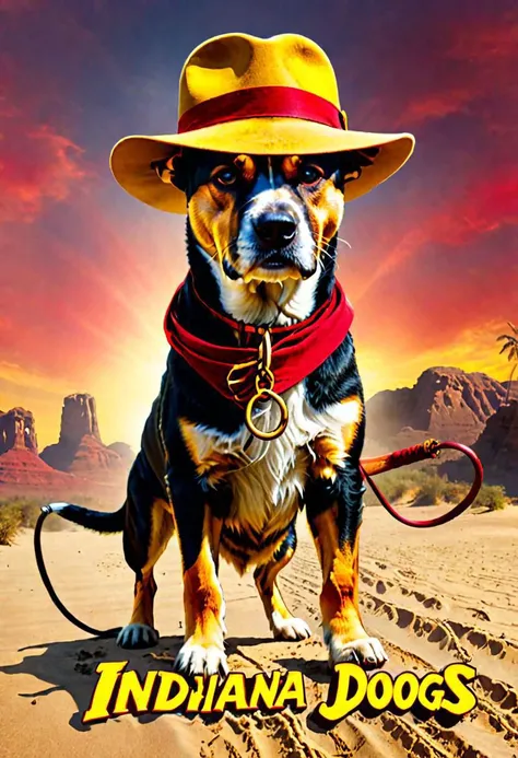 Dog movie, dog star of Indiana Jones Movie ((text"INDIANA DOGS" (text logo:1.8)(color text yellow and red))) , (full body), , (film cover for the movie "Indiana Jones", 1 smart dog in Indiana Jones costumes and hat, holding a whip in its hand), predominant...