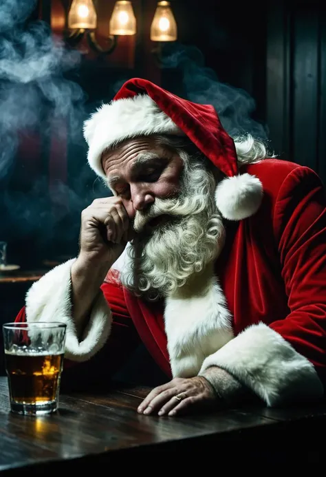 dramatic shot of drunk santa passed out in a dark foggy bar, dirty, high picture texture, world photographic masterpiece, highly texture film grain, cinematic realistic,