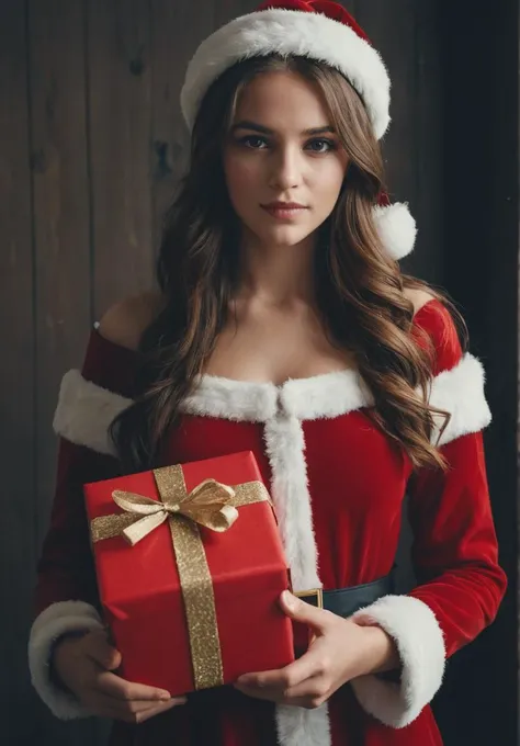 a woman in a santa claus outfit holding a red present