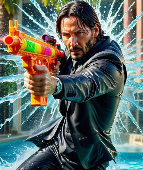 action shot Portrait of john wick (fireing) a water gun assault rifle, while aiming at the camera, wearing a black john wick suite, wet, water splashes, water gun battle in the colorful crowded outdoor pool colored swim wear with water pistols, 16k, UHD, D...