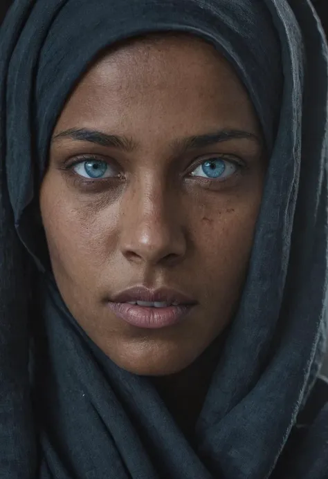 A photo of a person with (striking blue eyes:1.3), dark complexion, draped in a (black headscarf:1.2), (piercing gaze:1.2), subtle facial features, high contrast against (dark background:1.1), (depth in eyes:1.2), natural light highlighting face, sharp foc...