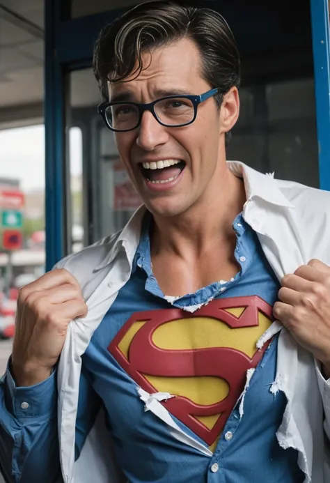 a reporter known as Clark Kent (tearing his white business shirt:1.2) with both hands, wearing a modern superman armor under his (torn at breast clothes:1.2), in a US telephone booth, patriotic smile, 16k,UHD, dslr, insane details, award-winning photo, <lo...