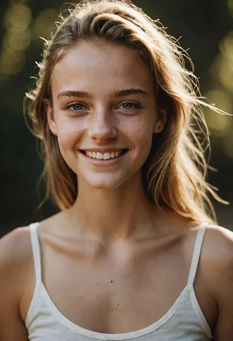 a close up of a young woman with a white tank top