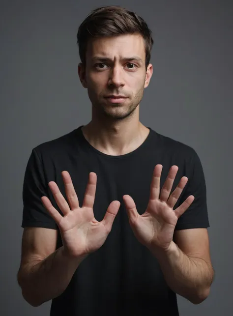 a man in black shirt making a stop gesture with his hands