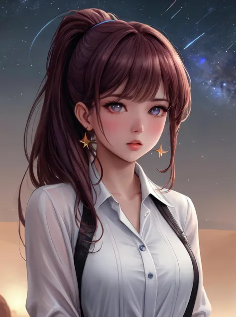 perfect cinematic shoot of a beautiful woman (JGtsevelta:.99), a woman standing at a Desert oasis, perfect high ponytail, wearing sexy purple (Button-Up Shirt:1.2), (shooting star cascade in background:1.2), (detailed background:1.1), (face focus), modelsh...