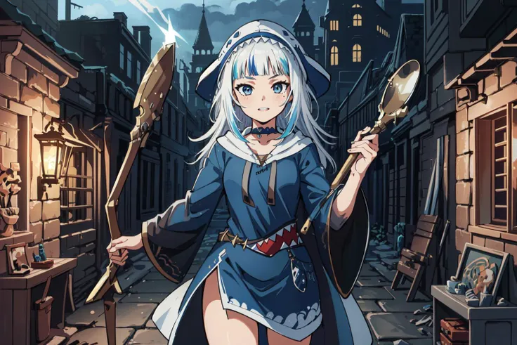 anime girl in a blue dress holding a broom and a broom