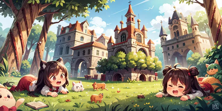 anime girls laying in the grass in front of a castle