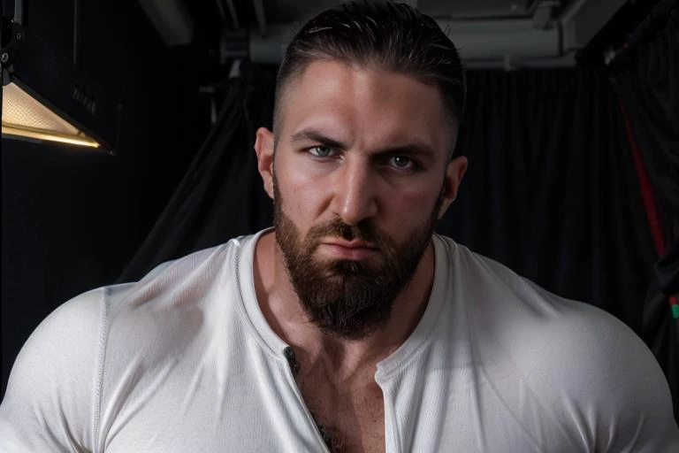 a close up of a man with a beard and a white shirt