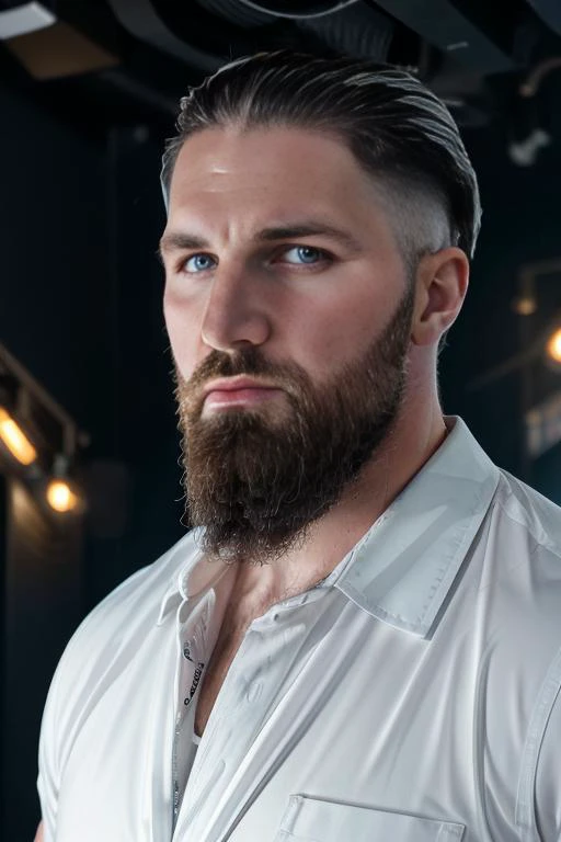 a close up of a man with a beard and a white shirt