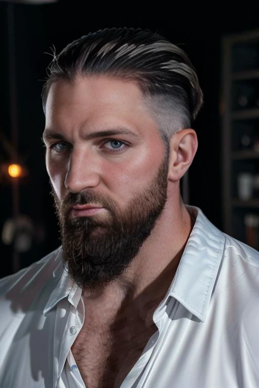 a close up of a man with a beard and a white shirt