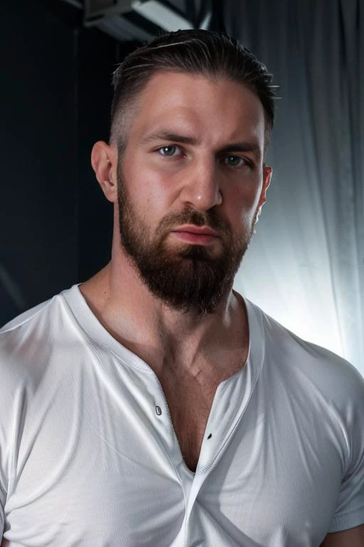 a close up of a man with a beard and a white shirt