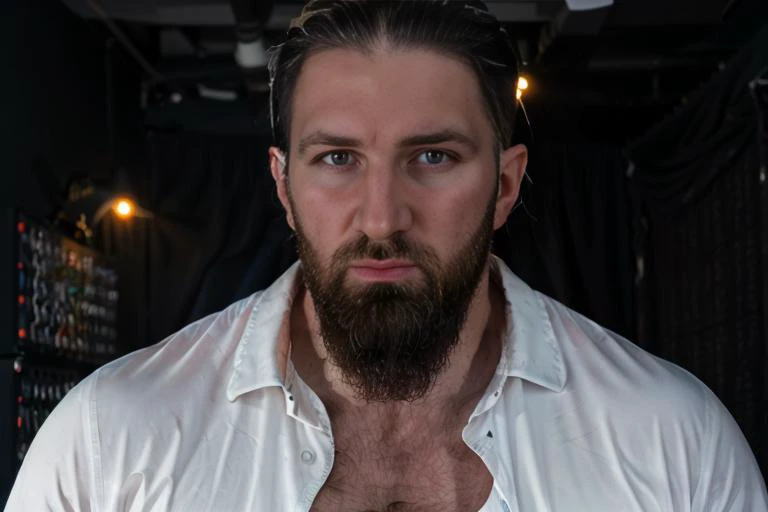 <lora:chuckcv1:0.9> chuckc, short hair, beard, undercut, professional studio quality modeling headshot, 4K, simple background, dramatic lighting, shirt, ultra realistic photograph, professional art, by Gucci photographer.