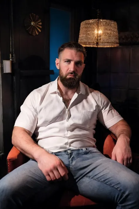 arafed man sitting in a chair with a beard and a white shirt