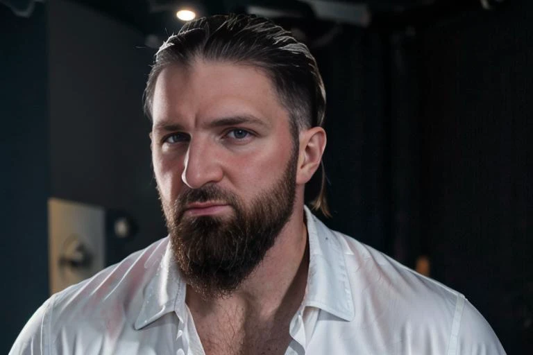 a close up of a man with a beard and a white shirt