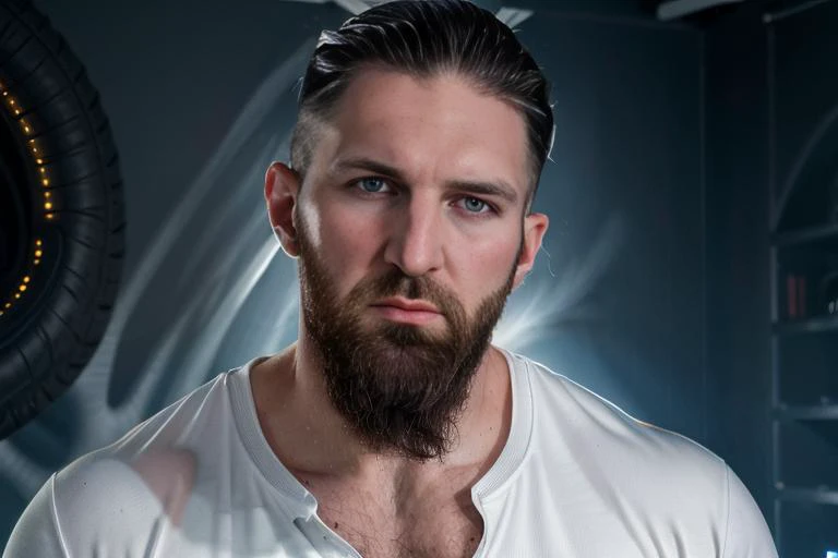 arafed man with a beard and a white shirt in a room