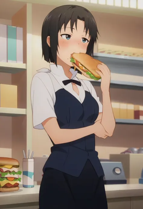 anime girl eating a sandwich in a restaurant while standing in front of a counter