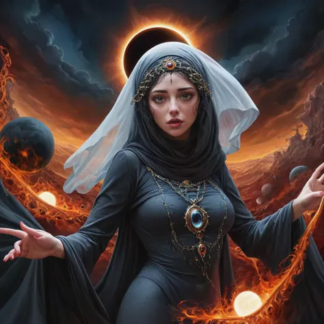 a woman in a black dress and veil holding a ball of fire