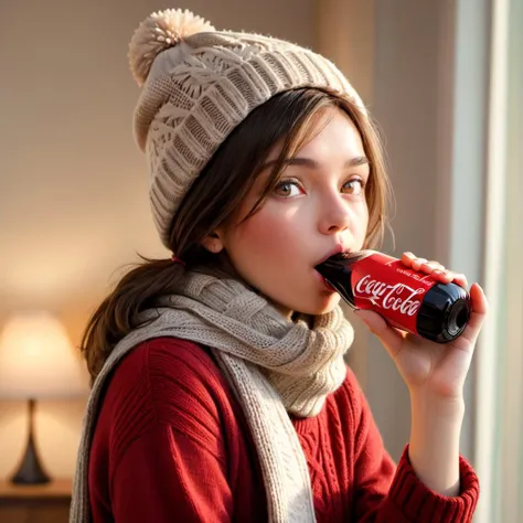 medium shot, (masterpiece:1.2), (best quality:1.2), portrait photo of a woman drinking a bottle of coke, holding up  a tall bottle of coke, side view, simple, homely,  covered up, wearing multiple coats and sweaters, scarf, hats, multiple layers of clothes...