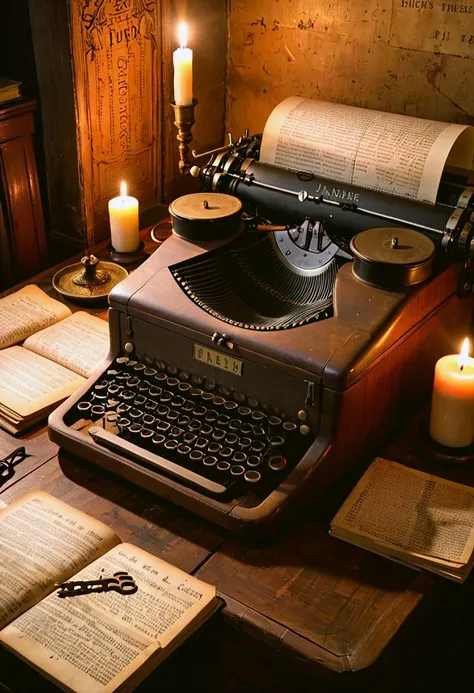 there is a typewriter sitting on a desk with a candle and books