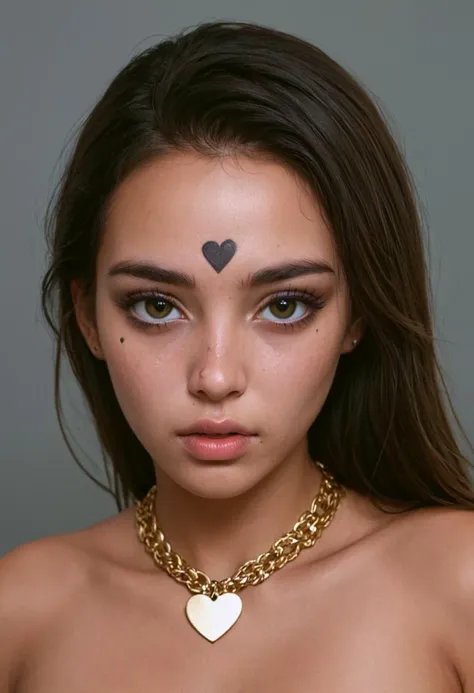 a woman with a heart tattoo on her forehead