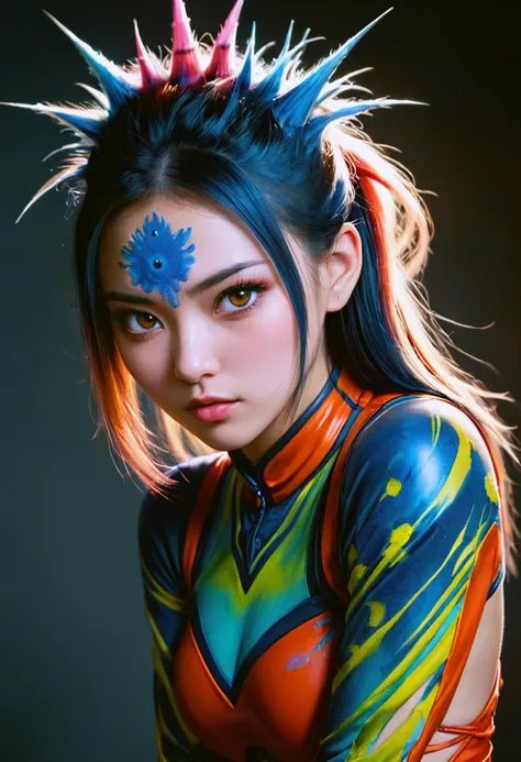 a woman with a colorful body paint and spiked hair