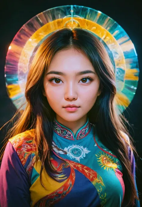 multicolored portrait of toothsome 19 years old woman, Kazakh, double exposure, artistic, sylphlike, cultural fusion, halo, interested,