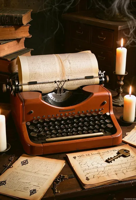 a close up of a typewriter on a table with candles and books