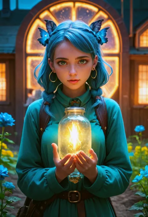 a woman with blue hair holding a jar of fire