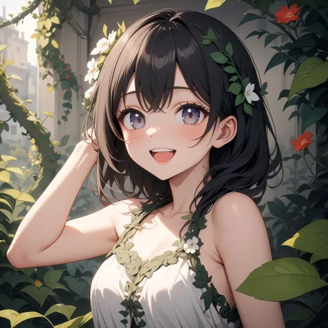 1girl, beautiful smile, open mouth, abstract, flowers, leaves, vines, masterpiece, best quality, very aesthetic, absurdres, newest, intricate details, ai generated, intricate