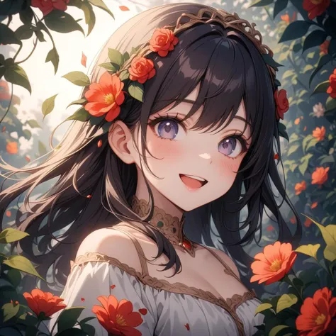 1girl, beautiful smile, open mouth, abstract, flowers, leaves, vines, masterpiece, best quality, very aesthetic, absurdres, newest, intricate details, ai generated, intricate