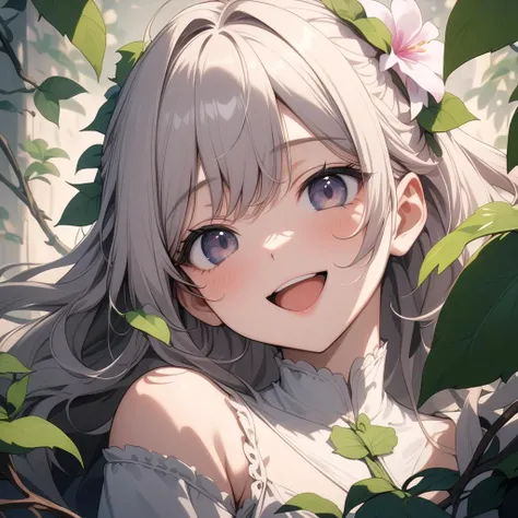 1girl, beautiful smile, open mouth, abstract, flowers, leaves, vines, masterpiece, best quality, very aesthetic, absurdres, newest, intricate details, ai generated, intricate