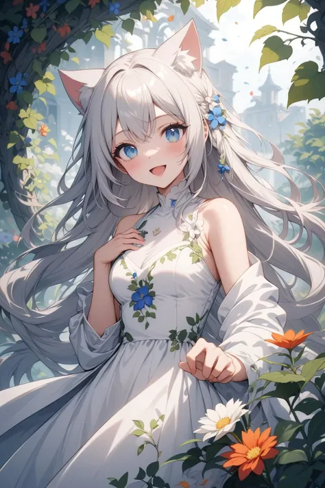 1girl, silver hair, blue eyes, cat ears, long hair, white dress, floral print, beautiful smile, open mouth, abstract, flowers, leaves, vines, masterpiece, best quality, very aesthetic, absurdres, newest, intricate details, ai generated, intricate