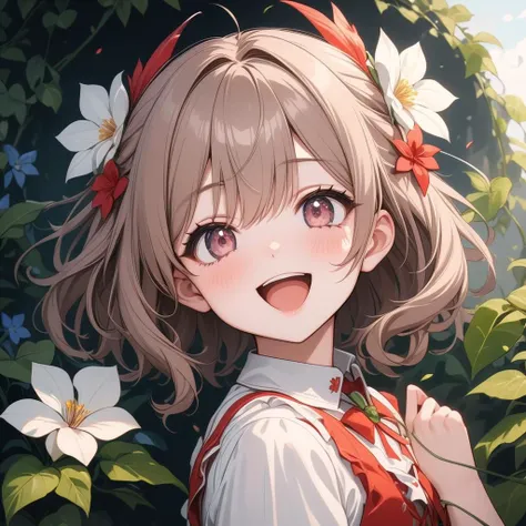 1girl, beautiful smile, open mouth, abstract, flowers, leaves, vines, masterpiece, best quality, very aesthetic, absurdres, newest, intricate details, ai generated, intricate