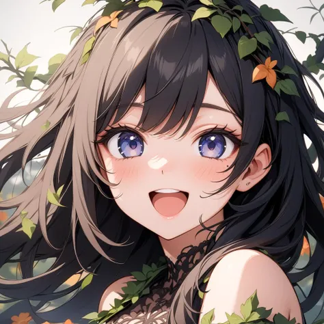 1girl, beautiful smile, open mouth, abstract, flowers, leaves, vines, masterpiece, best quality, very aesthetic, absurdres, newest, intricate details, ai generated, intricate