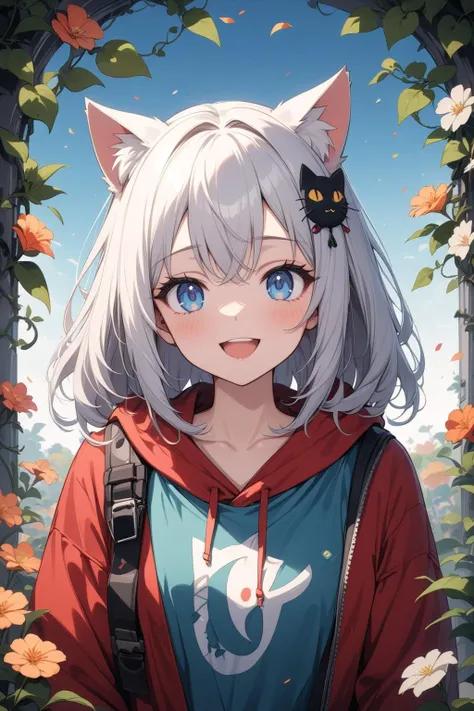 1girl, silver hair, blue eyes, cat ears, hoodie, beautiful smile, open mouth, abstract, flowers, leaves, vines, masterpiece, best quality, very aesthetic, absurdres, newest, intricate details, ai generated, intricate