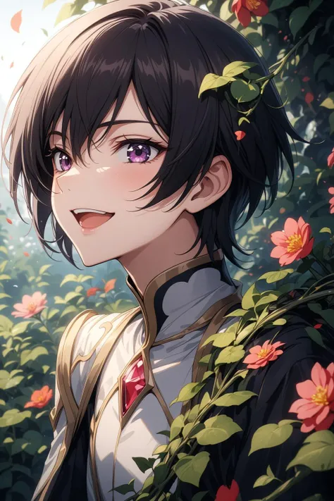 lelouch lamperouge, beautiful smile, open mouth, abstract, flowers, leaves, vines, masterpiece, best quality, very aesthetic, absurdres, newest, intricate details, ai generated, intricate