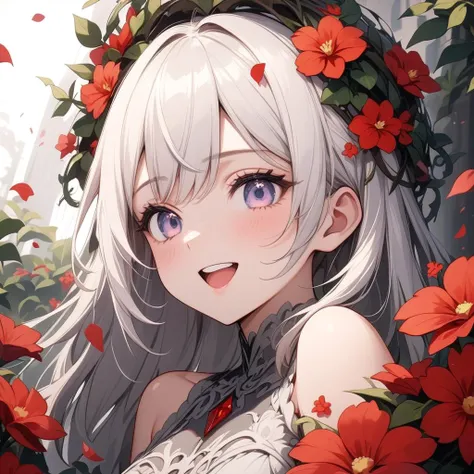 1girl, beautiful smile, open mouth, abstract, flowers, leaves, vines, masterpiece, best quality, very aesthetic, absurdres, newest, intricate details, ai generated, intricate