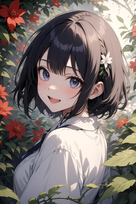 hyuga hinata, beautiful smile, open mouth, abstract, flowers, leaves, vines, masterpiece, best quality, very aesthetic, absurdres, newest, intricate details, ai generated, intricate