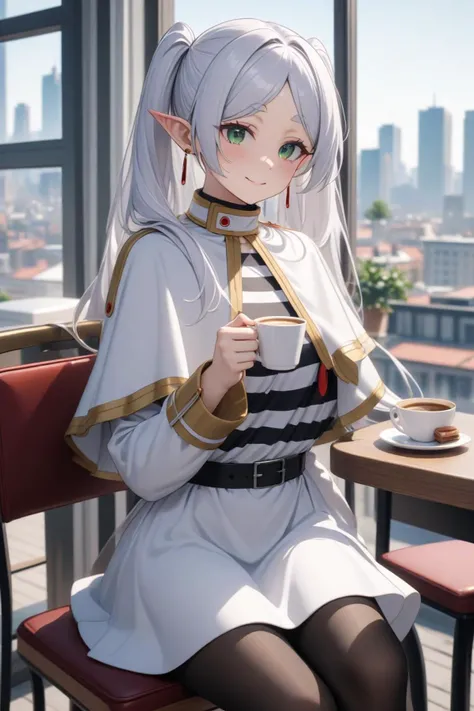 1girl, frieren, beautiful smile, green eyes, white hair, long hair, twintails, earrings, white capelet, striped shirt, long sleeves, belt, white skirt, black pantyhose, cityscape, modern city, inside cafe, window, sitting on chair, drinking coffee, masterp...