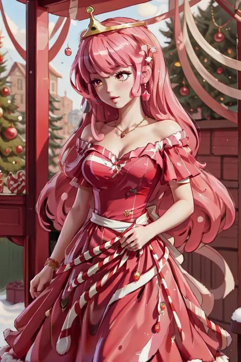 masterpiece, best quality,  <lora:wrenchsweettail:0.6> wrenchsweettail  <lora:princessbublegum_character-20:0.6> bubblegumwaifu, crown, pink hair, long hair, pink skin, striped dress, off shoulder, jewelry, ribbon, candy cane, christmas decorations