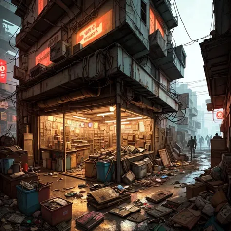 scenery, cyberpunk slums, neon lights, garbage, (masterpiece:1.2), best quality,   Clutter-Mechanical:0.8, Masterpiece realistic, best high quality, perfect details, intricate details, nice lighting, detailed background,