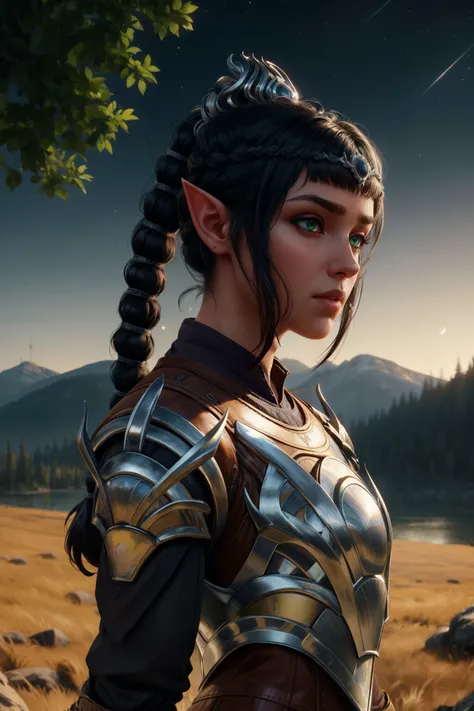 (Style-GHL:0.5), (Style-DA:1.1), dsshadowheart in a field with full of trees, long trees, (lake), beautiful view with mountains, black hair, long hair, ponytail, bangs, braid, hair ornament, pointy ears, green eyes, circlet, armor, ((fully armored)), dark ...