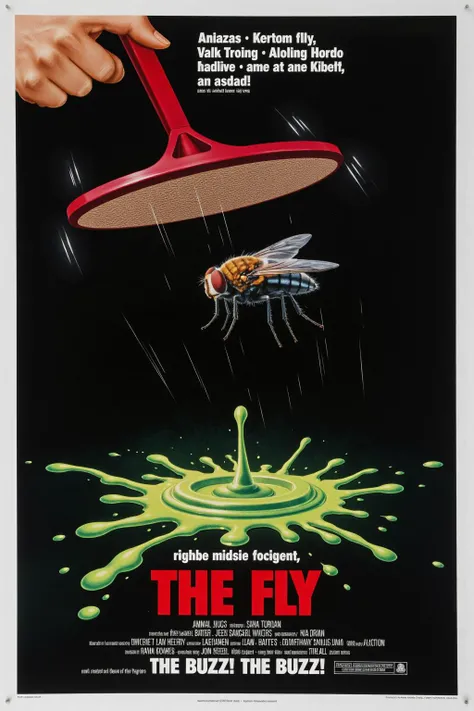 Vintage movie poster for "The Fly", featuring a giant fly with a human head, mid-flight, with a large, red fly swatter coming down to crush it. The flys exaggerated, bulging eyes and flailing legs add to the humor, while green goo splatters in all directio...