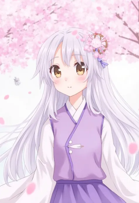 1 girl, solo, white and purple hair, long hair, brown eyes, perfect eyes, eyebrows, Han costume,, cherry blossom tree, petals flying, tree, looking at the audience,