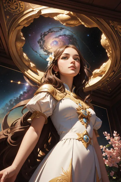 1girl, detailed Digital art, surreal design, angle from below of a Cluttered Heavenly Contemporary ([Pisces constellation|Playhouse]:1.3) , it has ornate details, it is covered in Flora, masterpiece, Neutron star background, desolate blossoms and lava pit,...