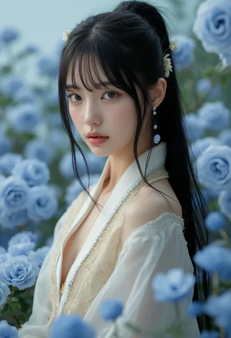 1 girl, black hair, blue eyes, long hair, ponytale, hair accessories, (full body:1.8), (full of blue roses in the background), standing, (random colored hanbok:1.2), real art, (masterpiece), (best quality), highres, 8k, (realistic, photo-realistic:1.4), (k...