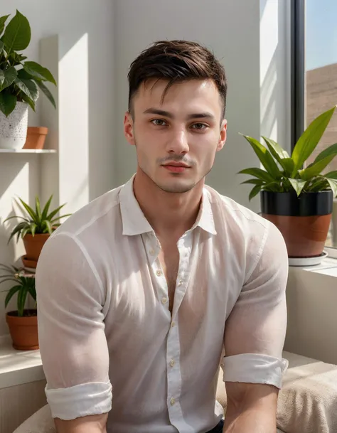 close-up portrait of a young adult man, MaxBarz, short dark blond hair, facial hair, wearing a white linen shirt, relaxed, sensual, expressive gaze, in a modern minimalistic living room with potted plants, (natural light), soft shadows, detailed textures, ...