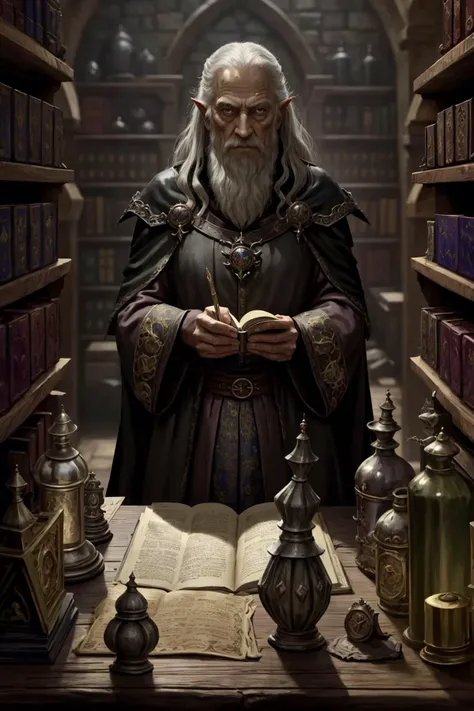 zrpgstyle, medieval portrait fantasy elderly evil wizard glorious elaborate ornate dark robes standing in a detailed luxurious stone castle (apothecary:1.2) Game of Thrones Hogwarts bright morning sunlight shining in from window Clutter-Home, (masterpiece:...