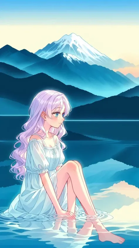 (1girl:1.3), (calm:1.2), (anime style:1.1), (muted colors:1.3), (gentle background:1.2), ((soft colors)), ((sitting at a lakeside)), (calm water), (mountain in the background), (soft light), (watching the sunset), (quiet and serene), (flowing hair), (light...